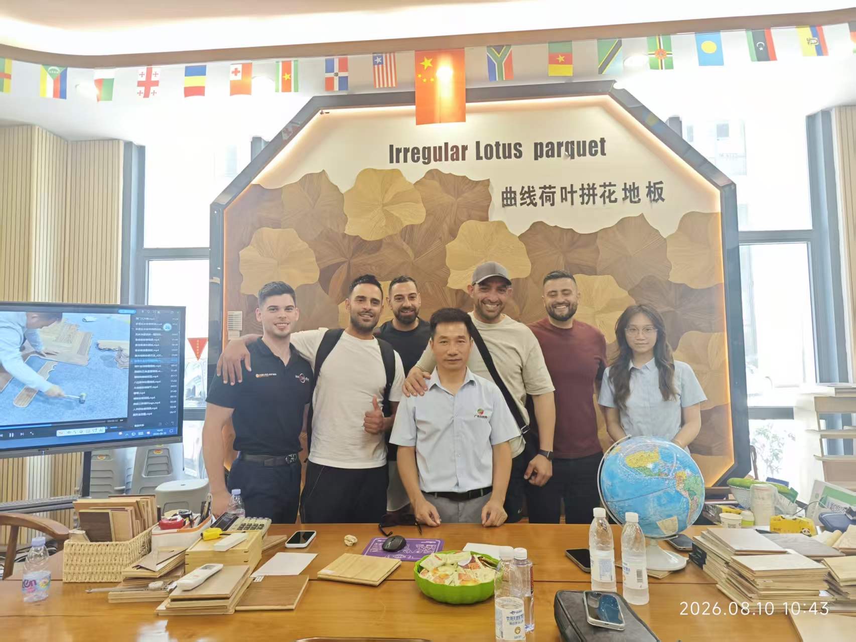 Parquet flooring display reviewed with the factory owner in China